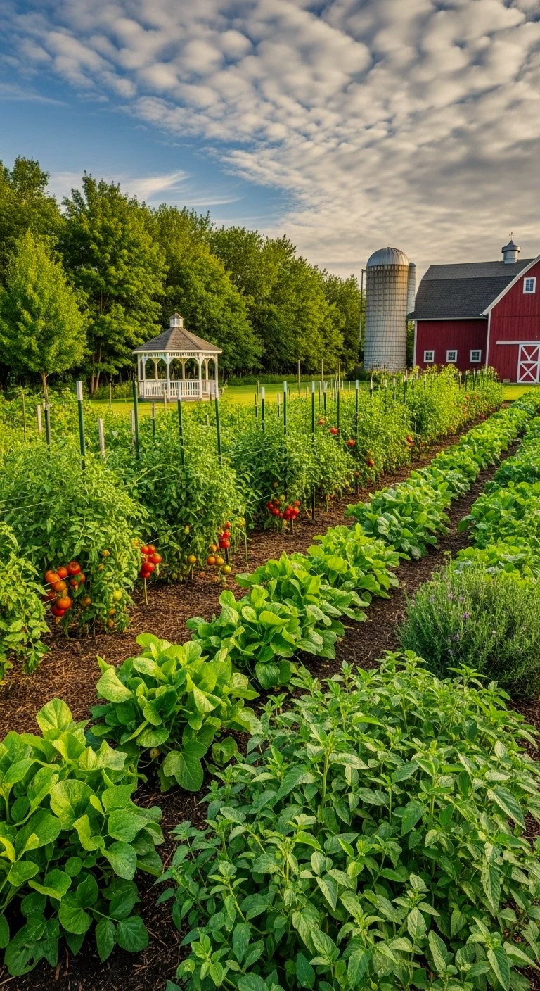 A lush farm with rows of green vegetables and tomato plants, a red barn, a silo, a white gazebo, and a partly cloudy blue sky.