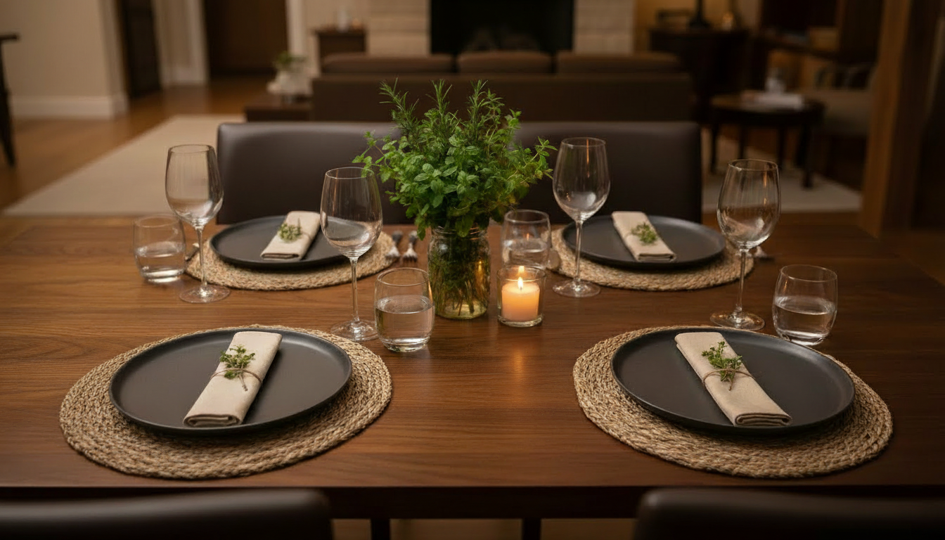 A dining table set for four, with black plates, rolled white napkins decorated with small green leaves, wine glasses, water glasses, a lit candle in a glass holder, and a vase of green herbs in the center.