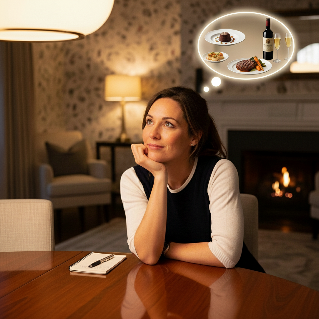 A woman sitting at a dining table in a cozy living room, thinking about a dinner with steak, dessert, wine, and champagne.