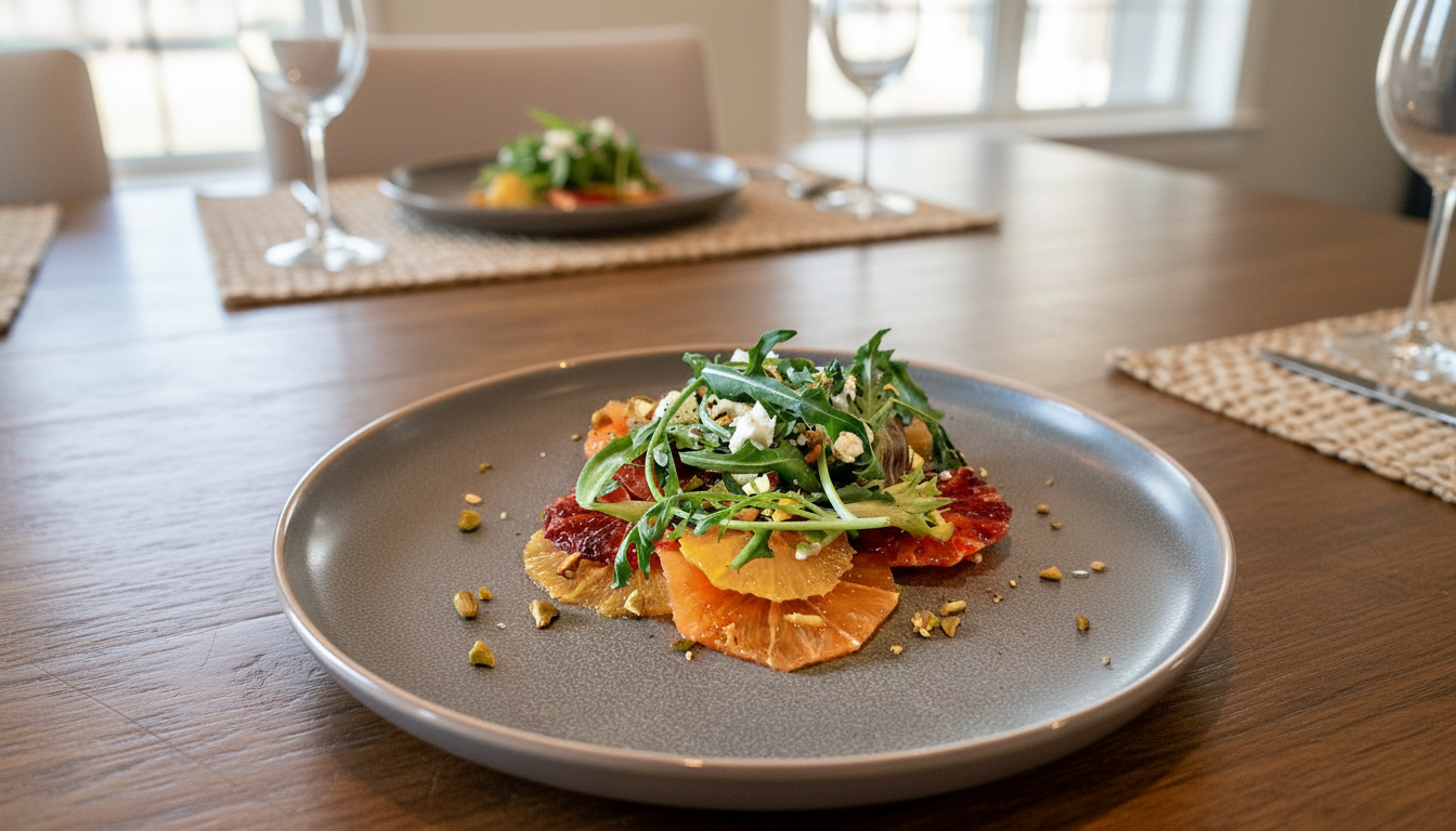 A plate of salad with arugula, orange slices, and prosciutto, garnished with chopped nuts, on a wooden table with wine glasses and a second plate in the background.