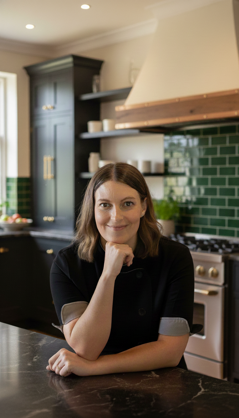 A woman with shoulder-length brown hair sitting at a kitchen island, smiling and resting her chin on her fist, in a modern kitchen with green tiled backsplash and black cabinets.
