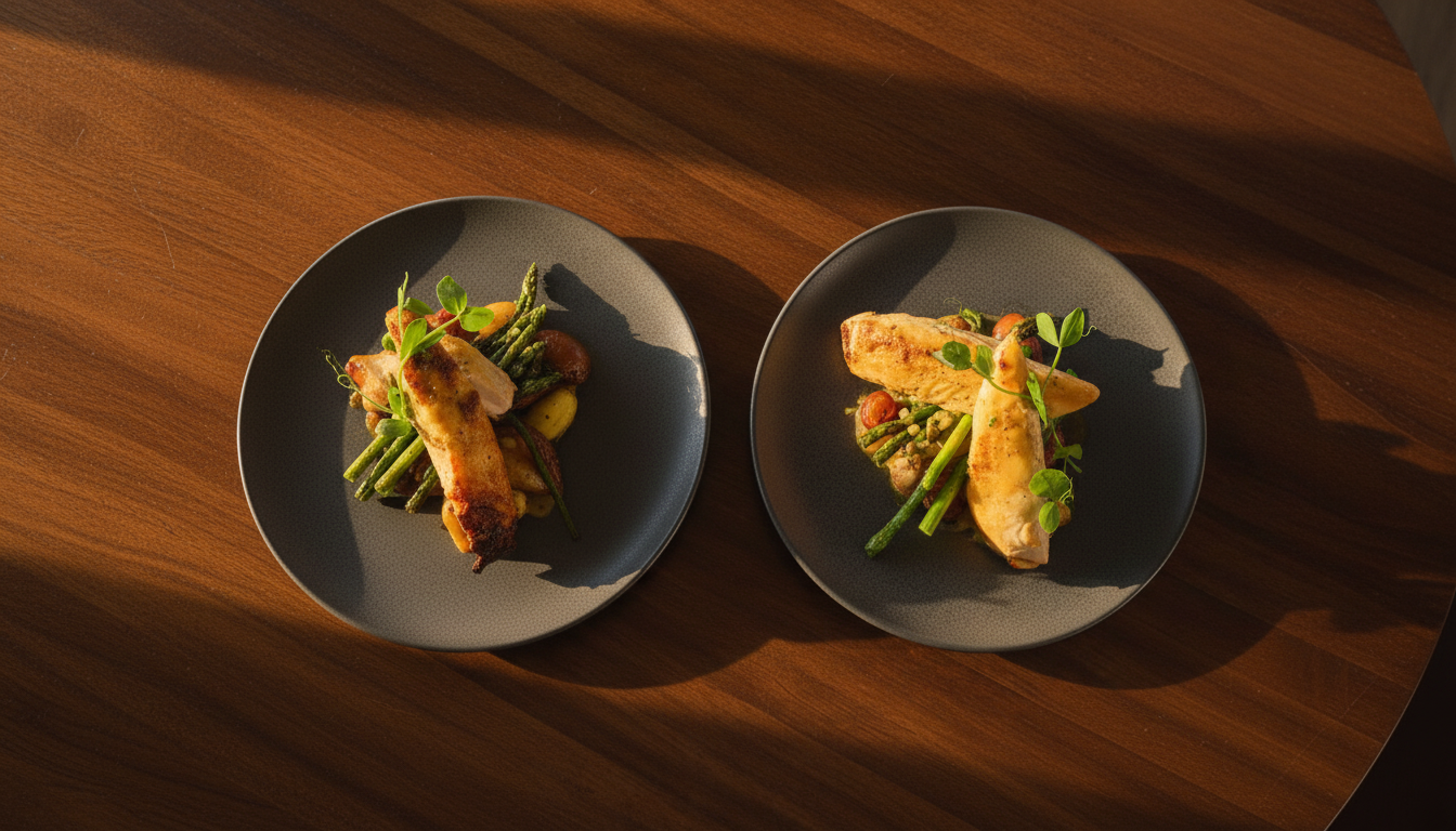 Two black plates each with a grilled chicken breast, green beans, asparagus, baby potatoes, and garnished with microgreens on a wooden table.