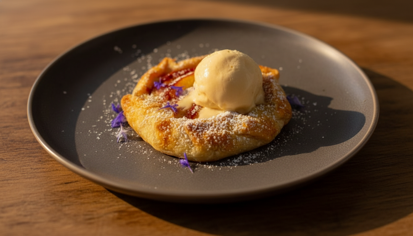 A fried pastry topped with powdered sugar, a scoop of vanilla ice cream, edible purple flowers, and a red fruit sauce on a black plate.