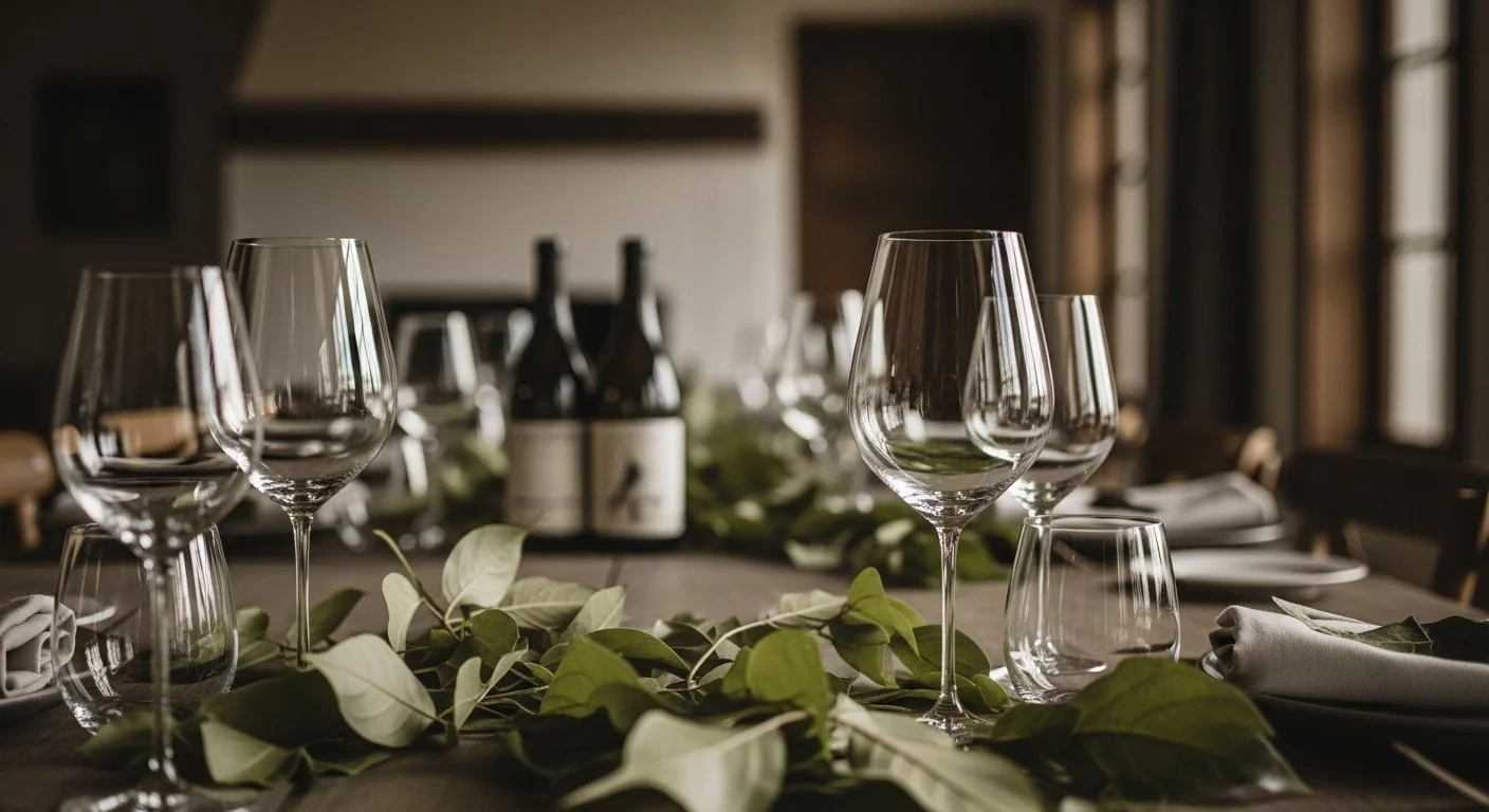 A dining table set with empty wine glasses, a wine bottle, and greenery in a cozy, warmly lit room.