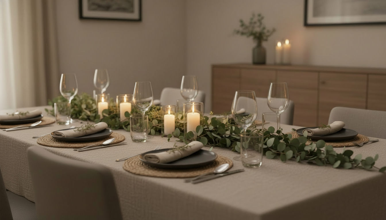 A decorated dining table with candles, wine glasses, and place settings in a modern, softly lit room.