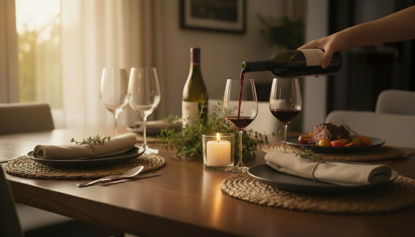 A table set for dinner with wine glasses, a bottle of wine, a lit candle, and a plate of steak with vegetables, in a cozy indoor setting.