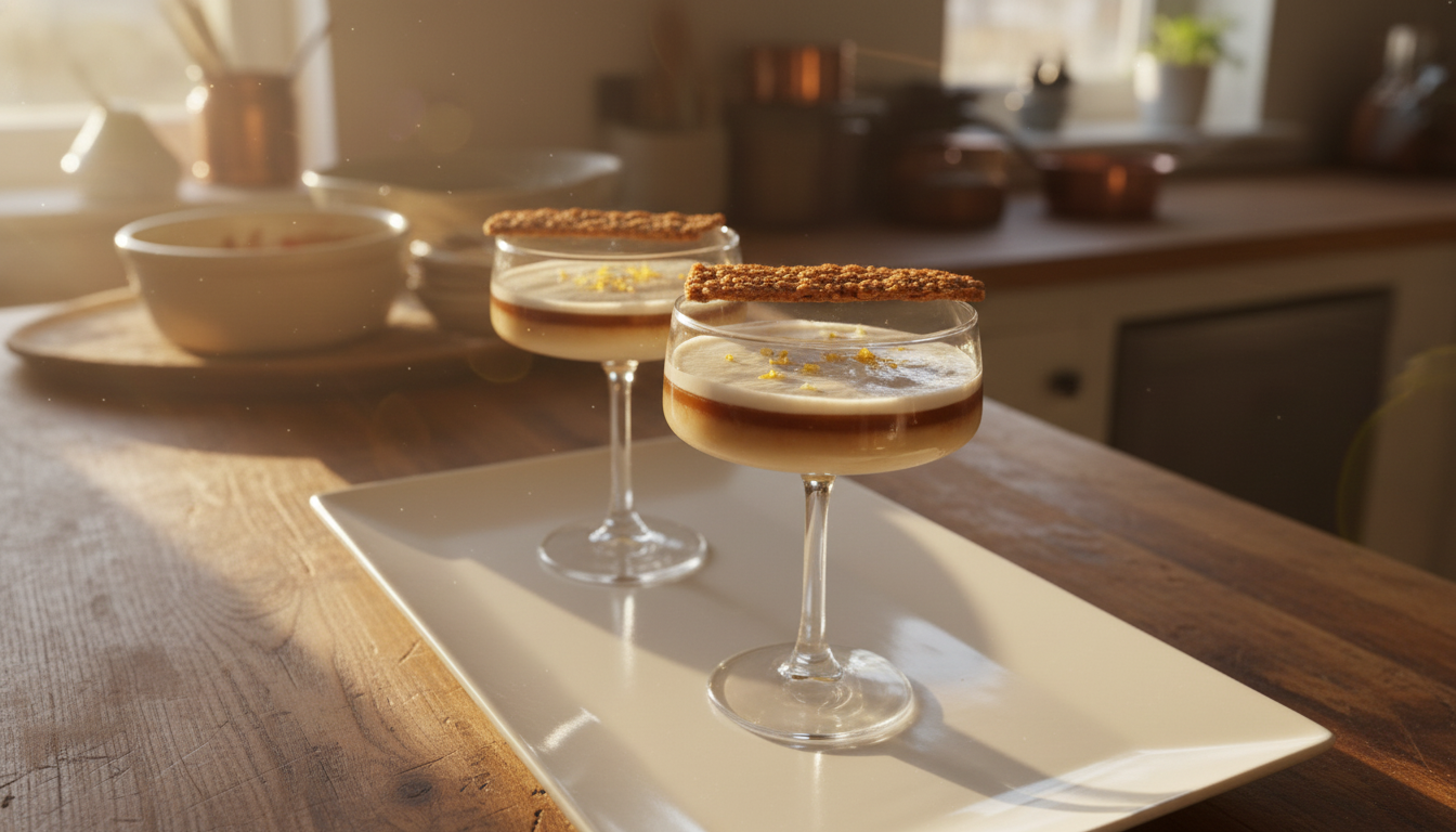 Two desserts in coupe glasses with a layered coffee or caramel-colored filling topped with white cream and a chocolate-covered biscuit on top, set on a white rectangular plate on a wooden table in a well-lit kitchen.