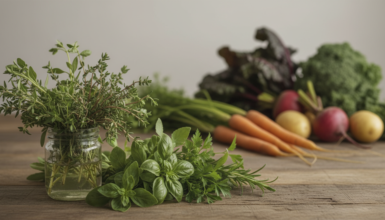 Fresh herbs like basil and thyme in a glass jar and a bunch of assorted vegetables including carrots, radishes, broccoli, purple lettuce, and turnips on a wooden surface.