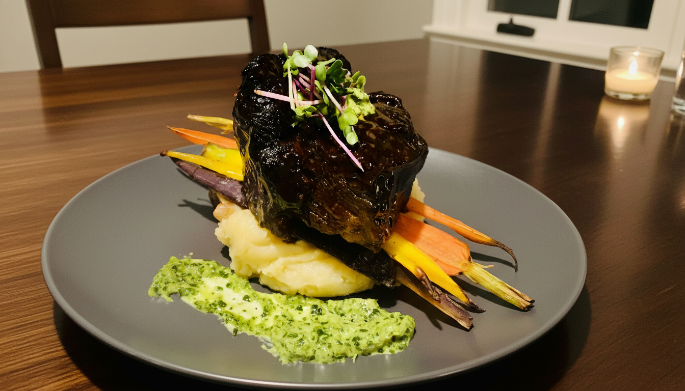 A plated gourmet dish featuring a roasted meat with glistening dark sauce, served on a bed of mashed potatoes, accompanied by colorful roasted vegetables, and garnished with microgreens on a gray plate.