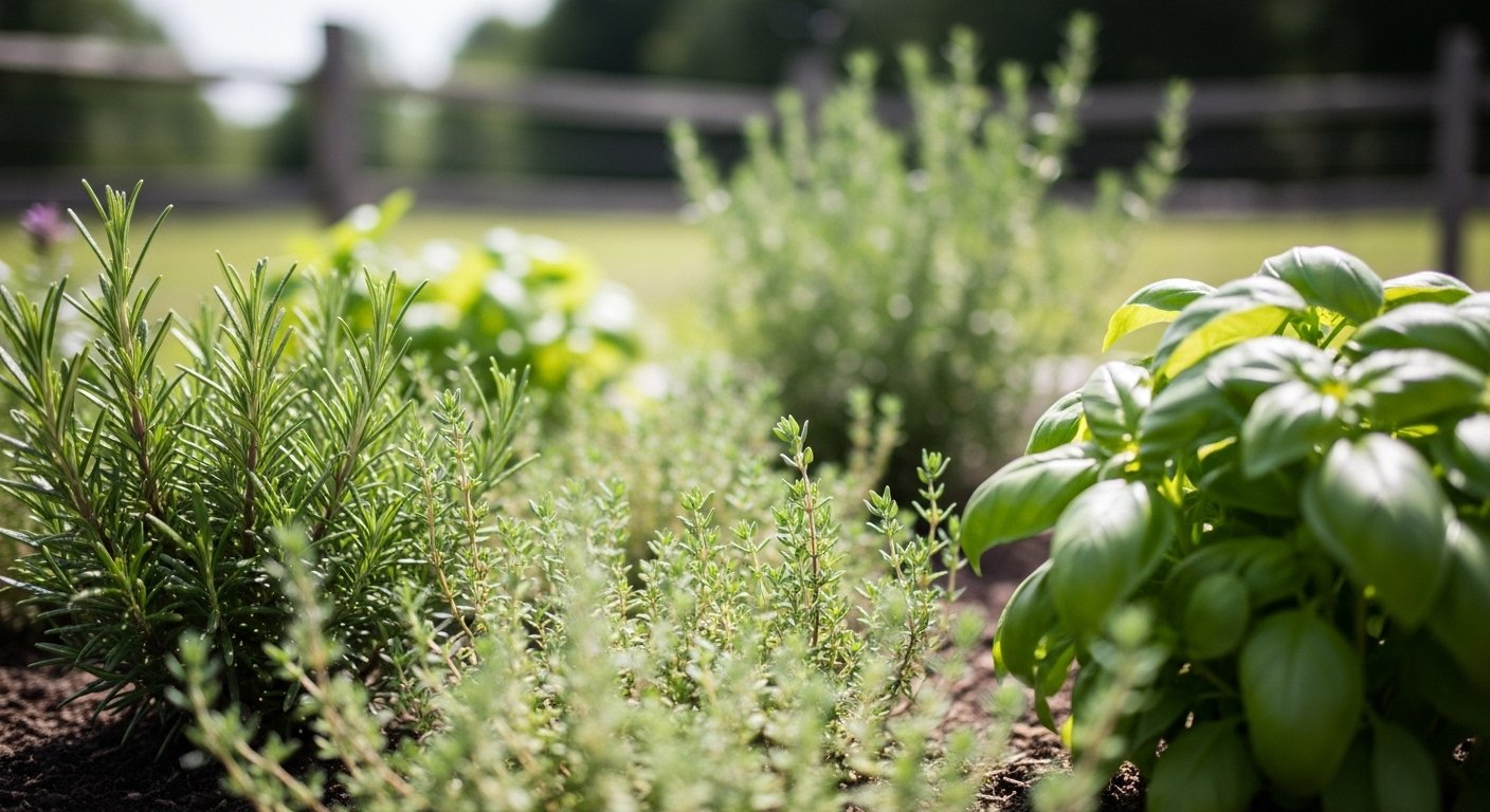 A close-up view of a garden with rosemary, thyme, and basil plants in the foreground and a blurred background of a green lawn, trees, and a wooden fence.