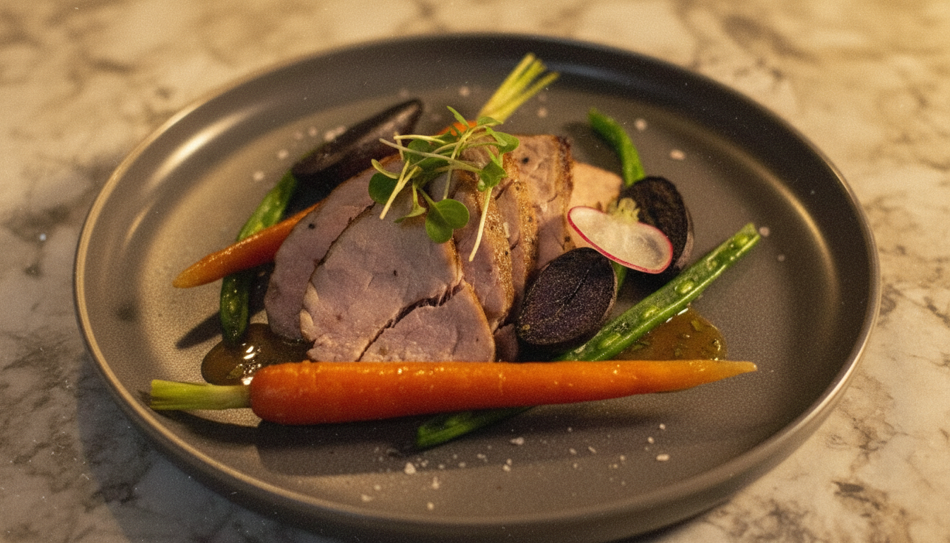 A plate of cooked meat with vegetables including carrots, green beans, radish slices, and purple potato halves garnished with microgreens.