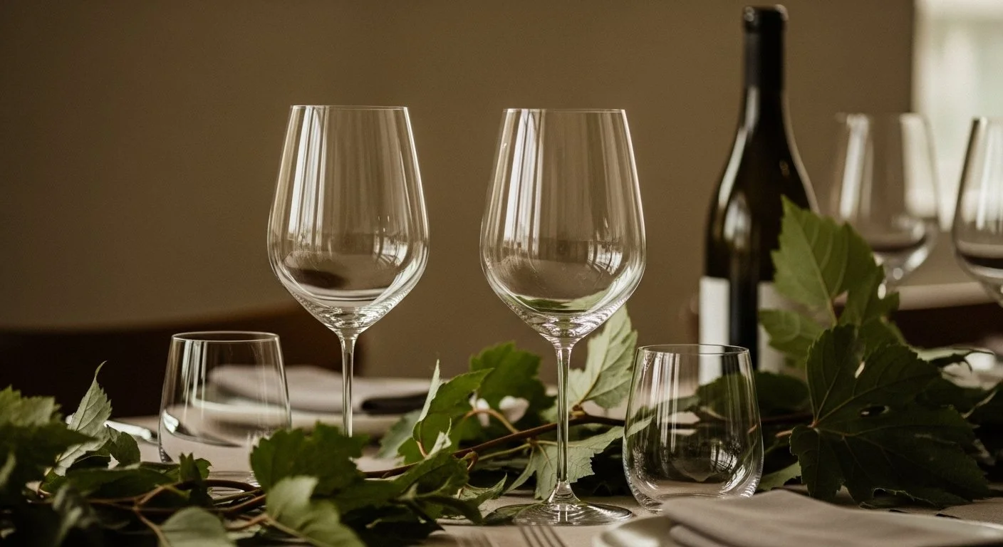 Empty wine glasses, a bottle of wine, and green leaves on a dining table.