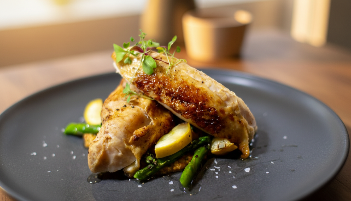 Plated roasted chicken breast with asparagus, lemon, and microgreens on a black plate.