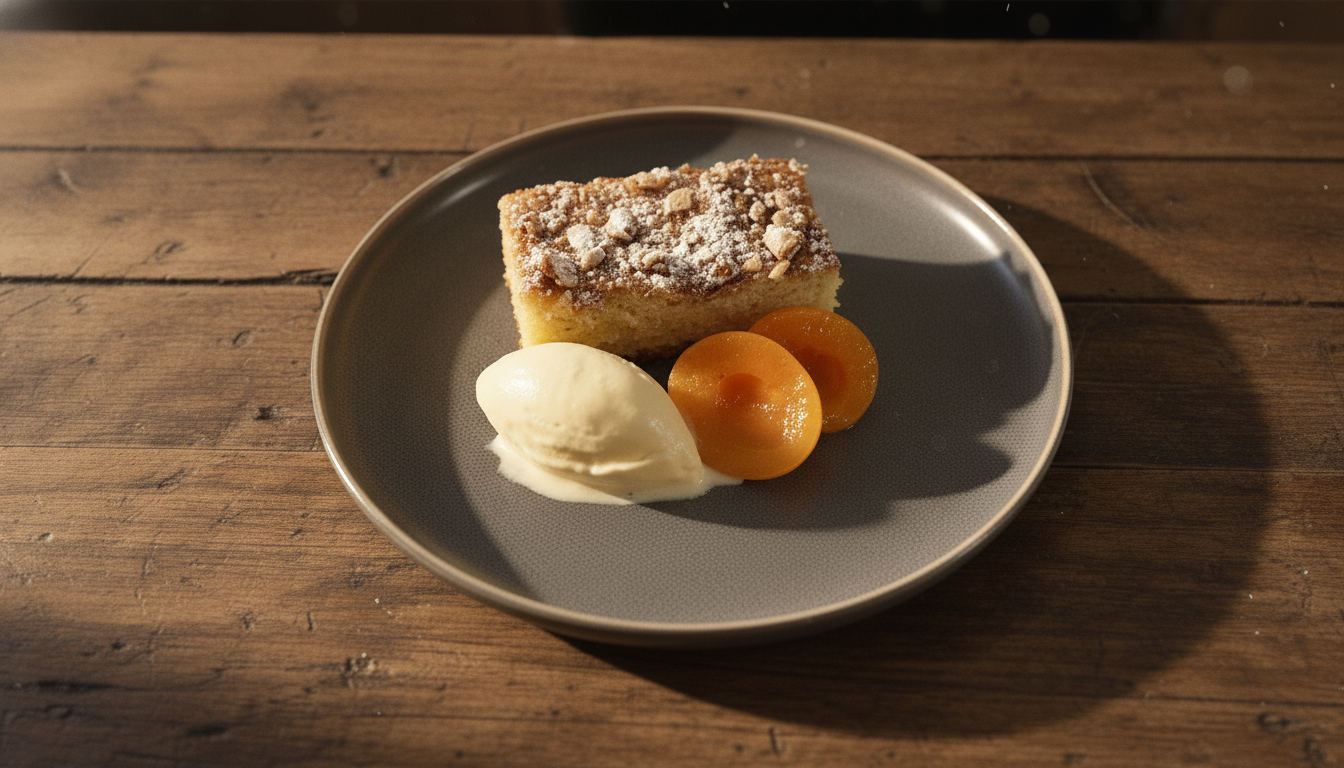 A dessert plate with a slice of crumb-topped cake, a scoop of vanilla ice cream, and two halves of yellow stone fruit, possibly apricots, on a wooden table.