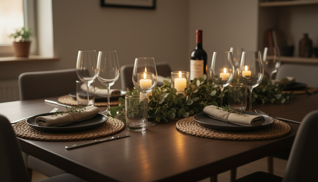 A dining table set for four with black plates, beige napkins, wine glasses, water glasses, candles, and greenery centerpiece in a cozy room.