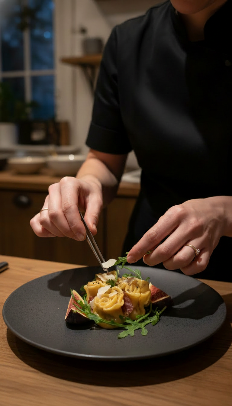 A person in a black shirt is adding finishing touches to a plated pasta dish with greens on a black plate in a cozy kitchen.