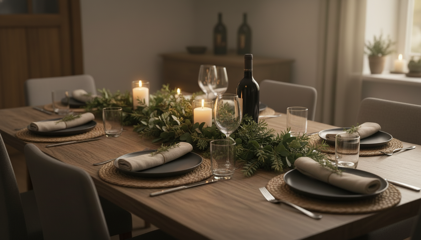 A decorated dining table with candles, wine bottles, glasses, and tableware, set for a meal.