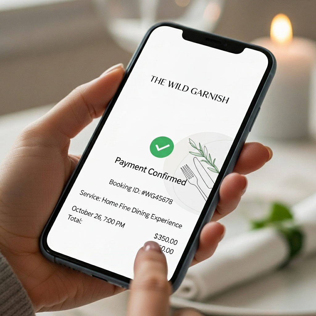 A person holding a smartphone displaying a reservation confirmation for a dining experience, with a green checkmark and details of the booking.