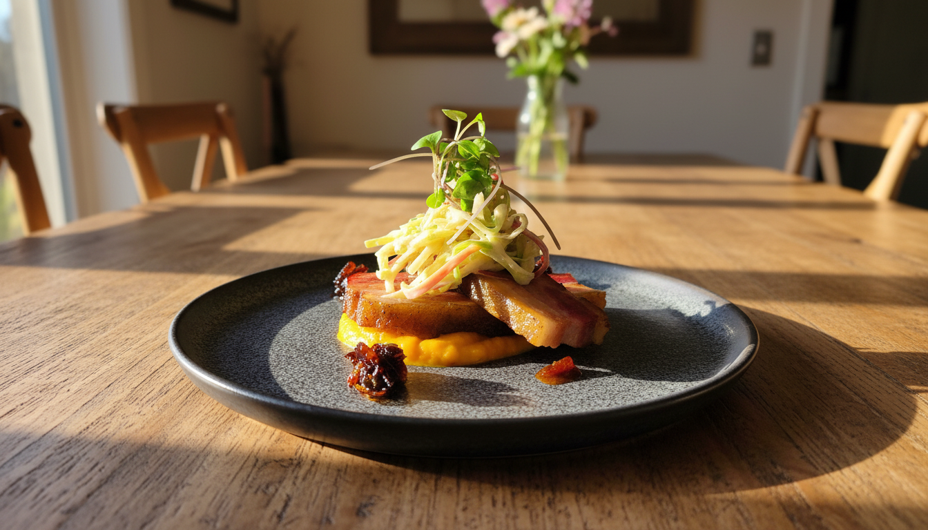 A plated dish on a black plate featuring bacon, coleslaw, mashed potatoes, and a sprig of microgreens, set on a wooden table with sunlight casting shadows.