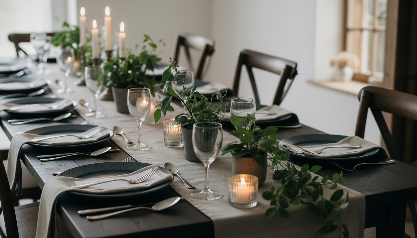 A dining table set for a meal with black plates, silverware, wine glasses, candles, and green potted plants, in a well-lit room with windows.