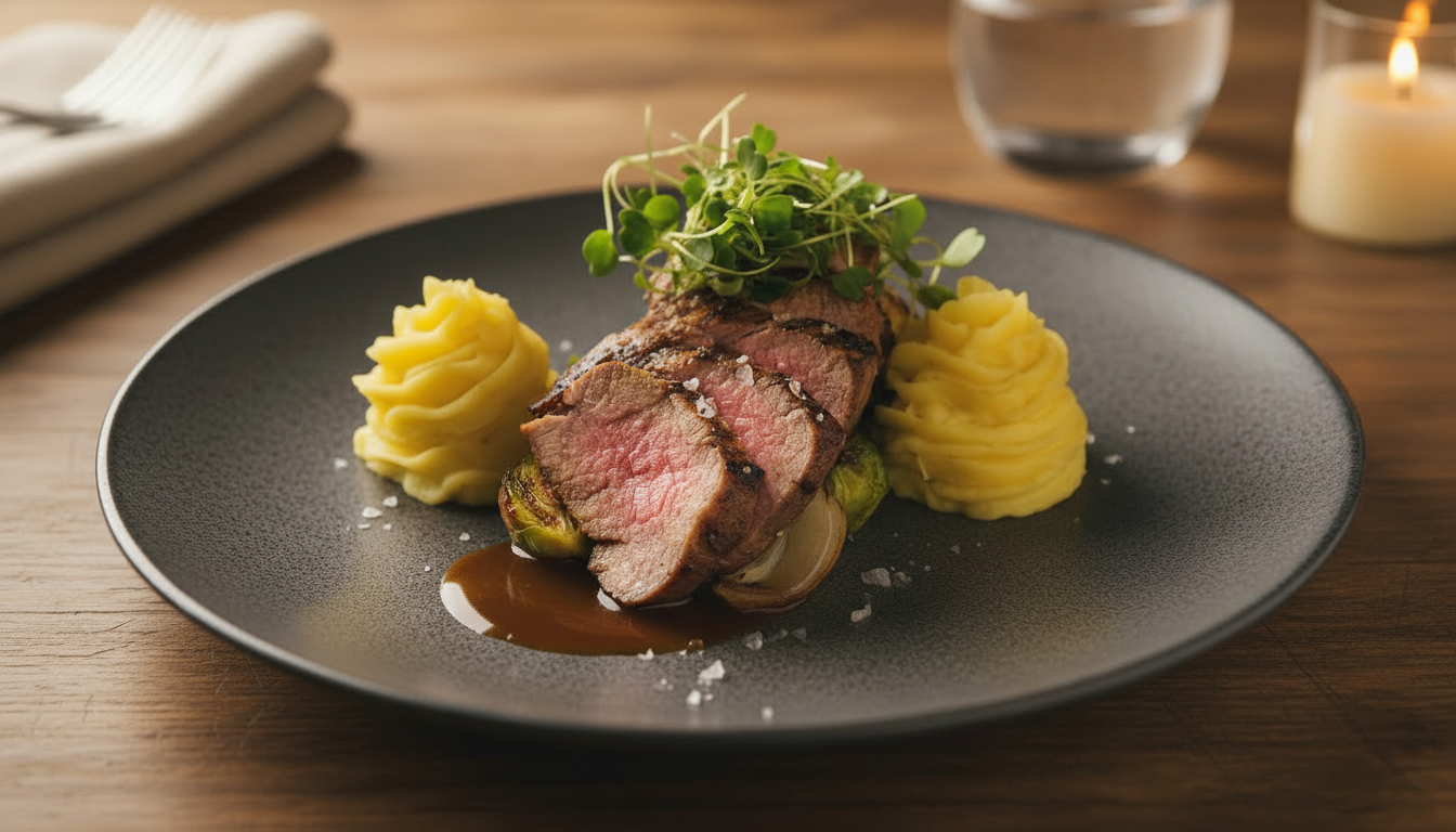 A plate of grilled steak served with mashed potatoes and microgreens, garnished with sauce and salt on a black plate.