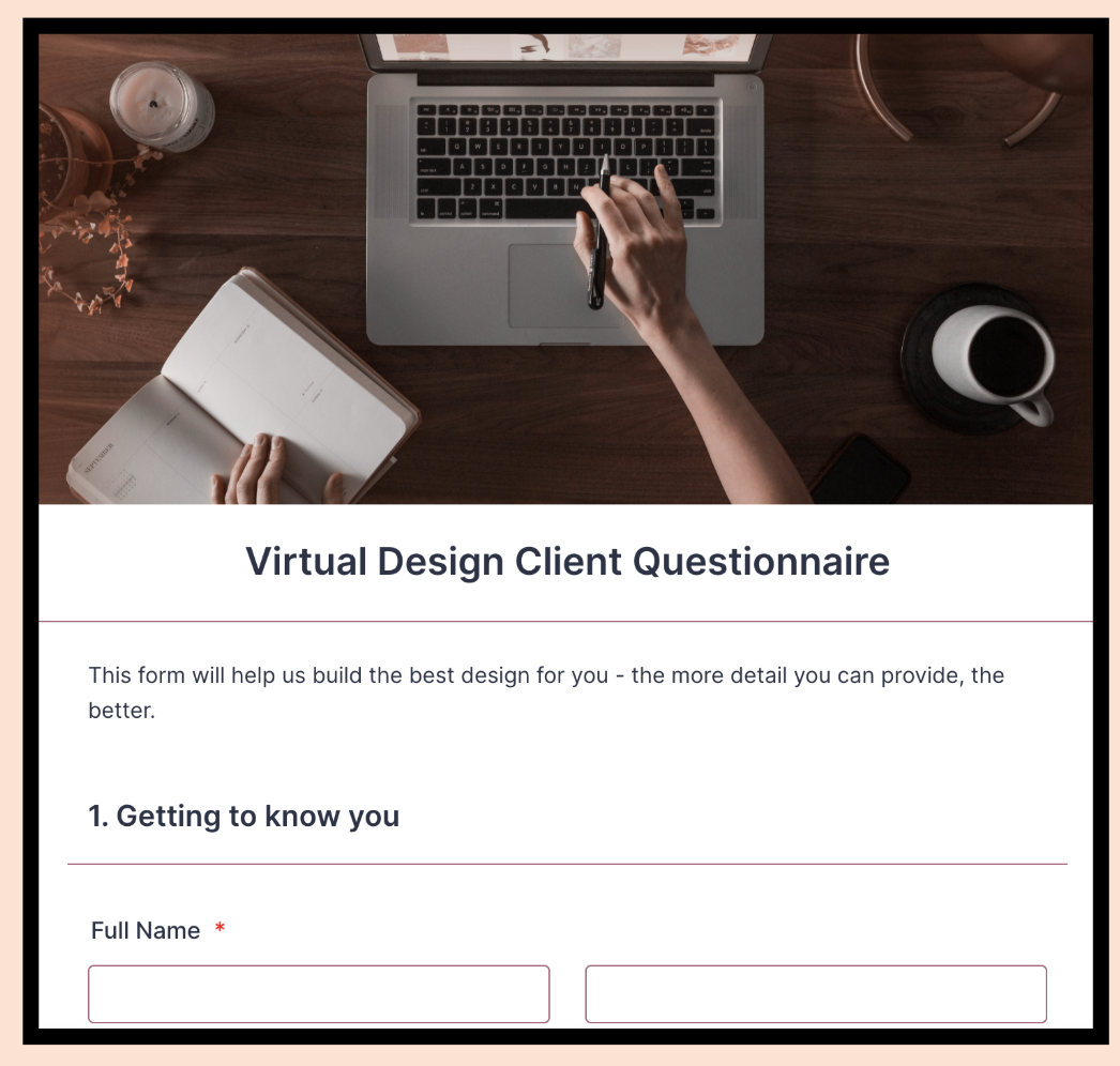 A virtual design client questionnaire form displayed on a webpage, with a background image of a person working on a laptop, taking notes in a notebook, with a candle, coffee mug, and smartphone on a wooden desk.