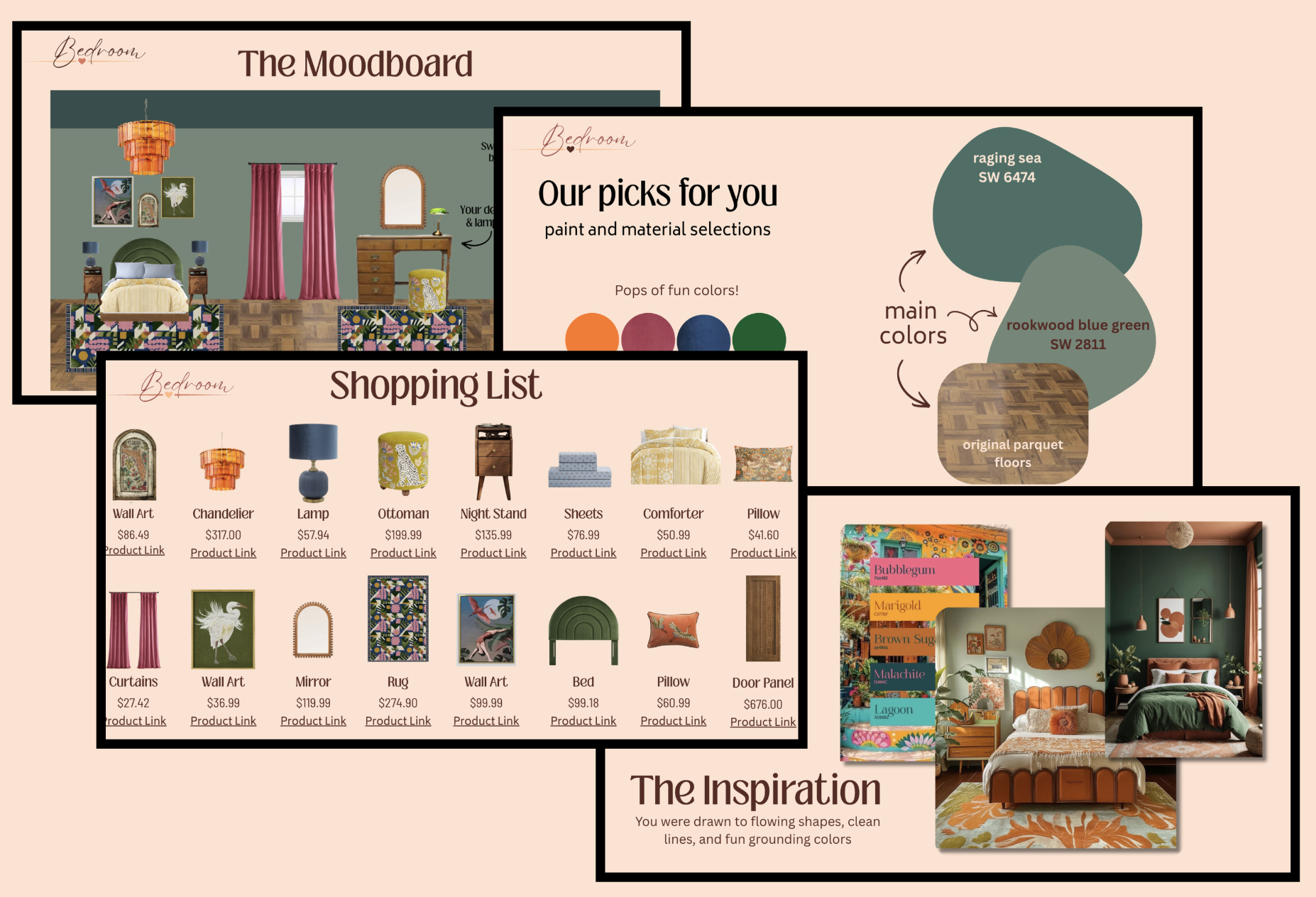 A collection of interior design moodboards, collections of paint colors, shopping lists with furniture and decor items, and inspiration images for a bedroom renovation project.