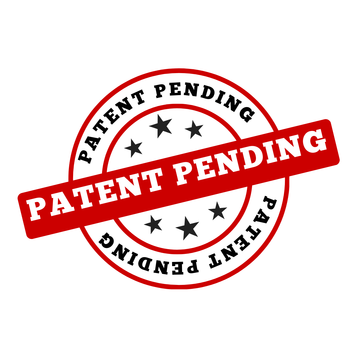 Red, black, and white stamp with the words 'Patent Pending' repeated around the circle and across the center, with stars decorating the circle.