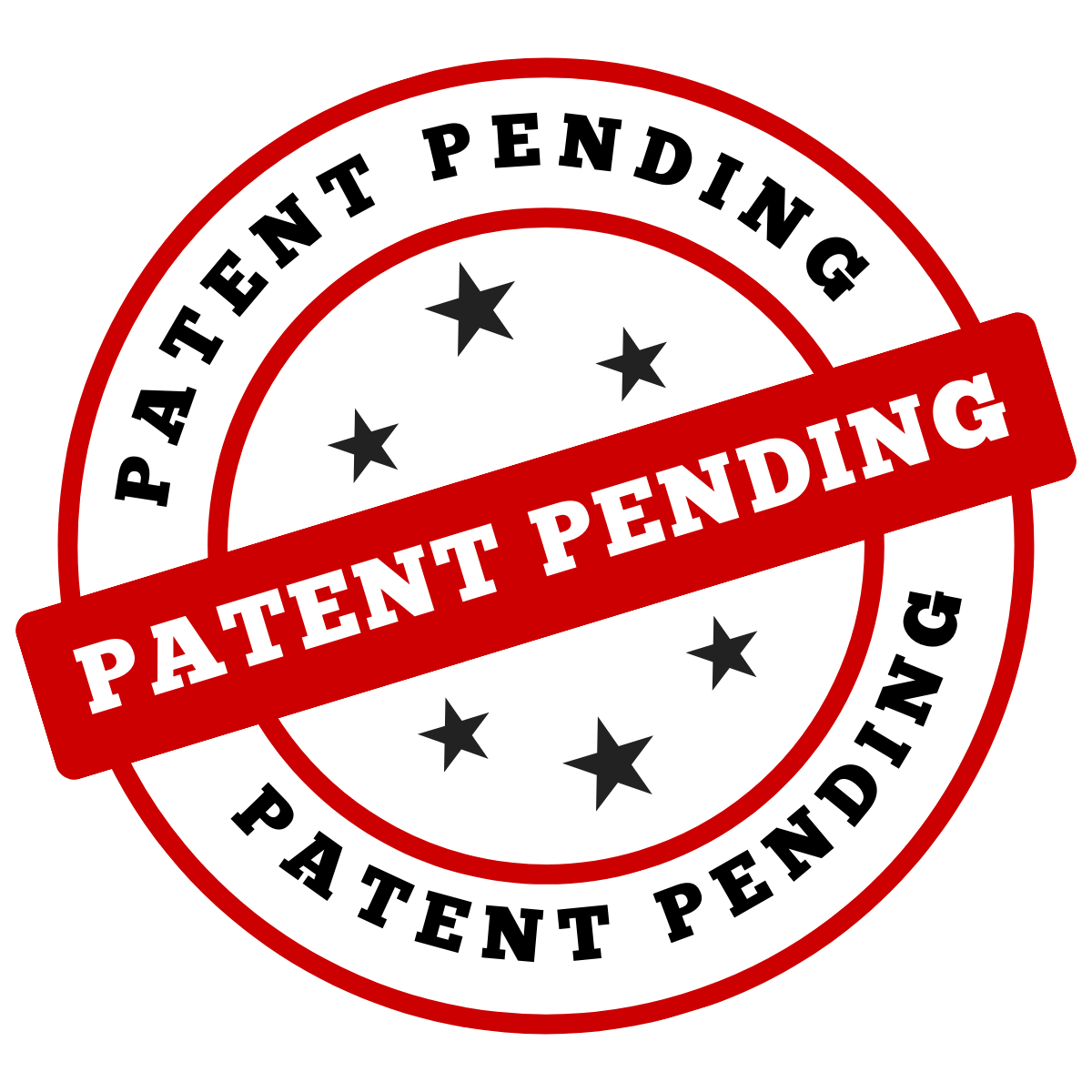 Circular badge with a red border and black and white interior, with the text "Patent Pending" crossed out and replaced by a red banner that says "Patent Pending"; the badge also has six black stars inside.