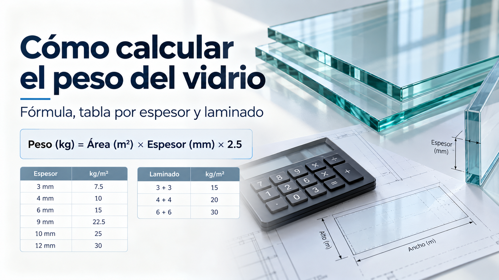 Cómo calcular el peso del vidrio: fórmula, tabla por espesor y laminado