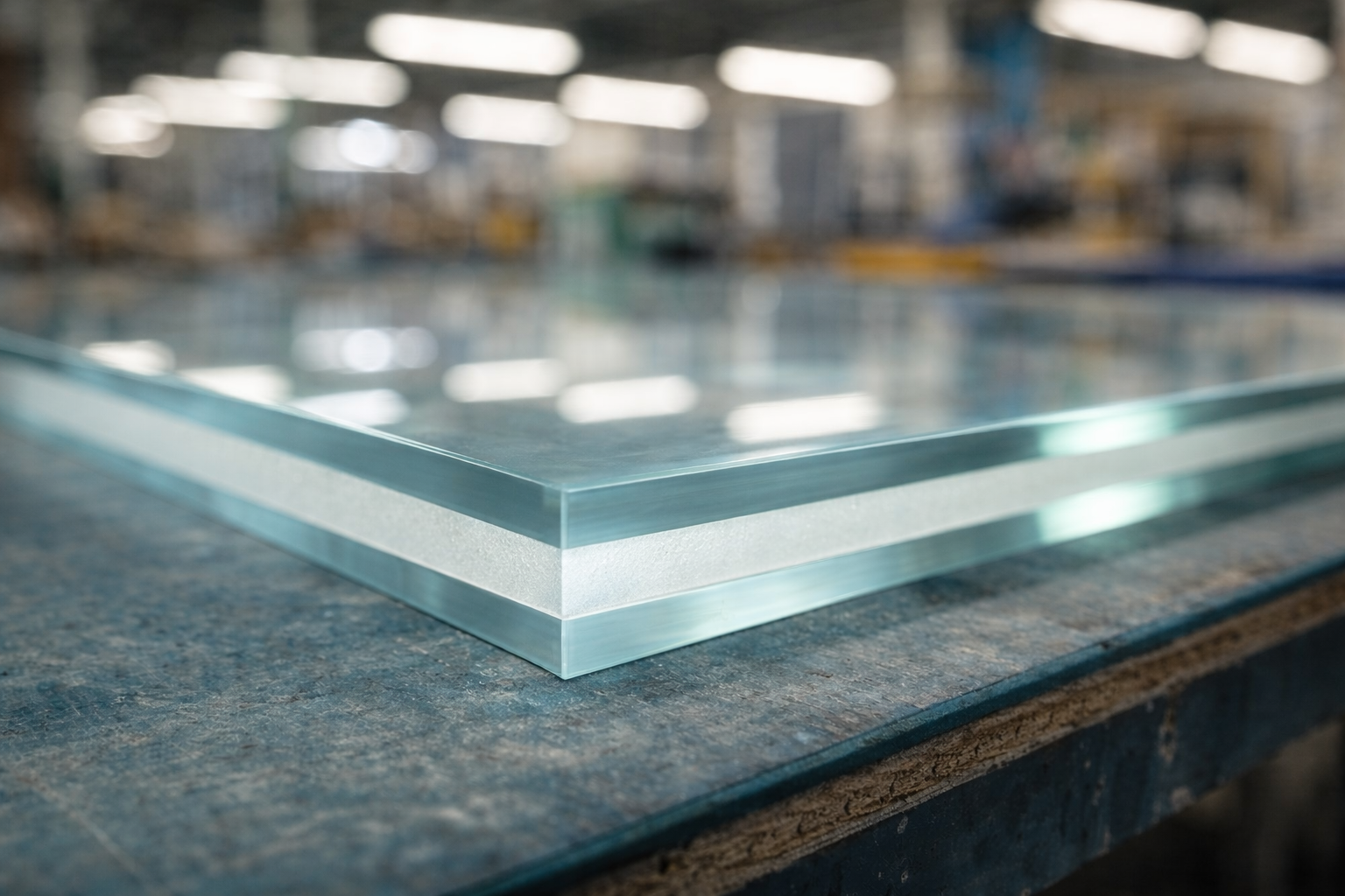 Detalle de corte transversal de panel de vidrio laminado sobre mesa de trabajo en planta de procesamiento industrial, con capa de interlayer translúcida visible entre dos hojas de vidrio, iluminación técnica de taller.