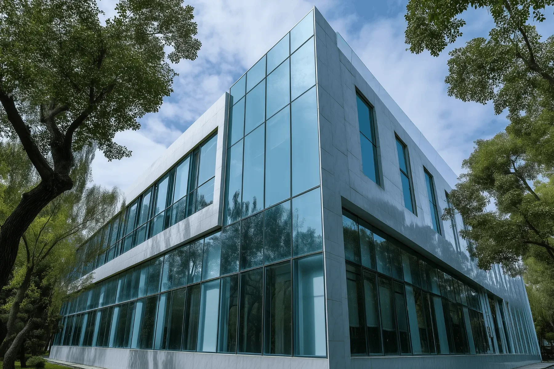 Fachada comercial de vidrio templado en proyecto arquitectónico