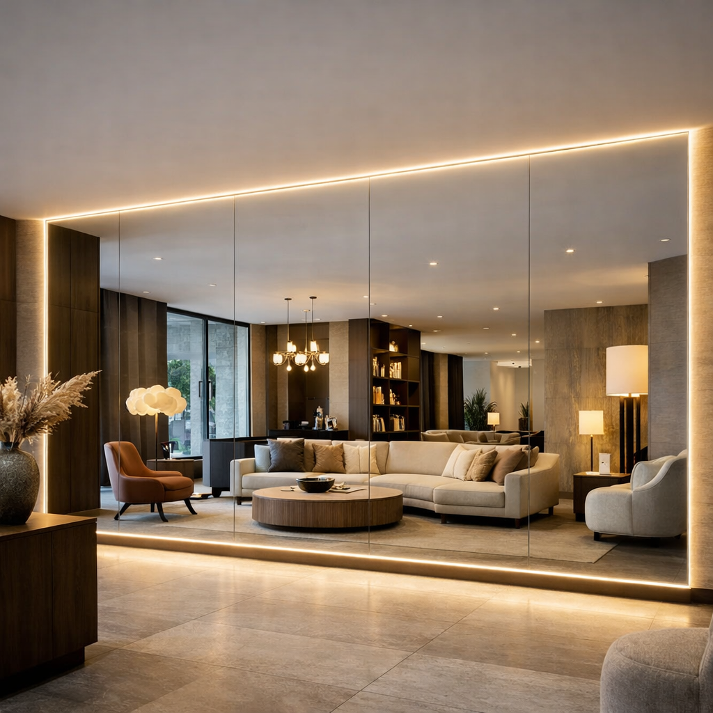 Pared completa revestida con espejo de gran formato en lobby de hotel contemporáneo, iluminación indirecta con perfil LED integrado en el perímetro, acabado limpio sin marcos visibles y reflejo de muebles de diseño.