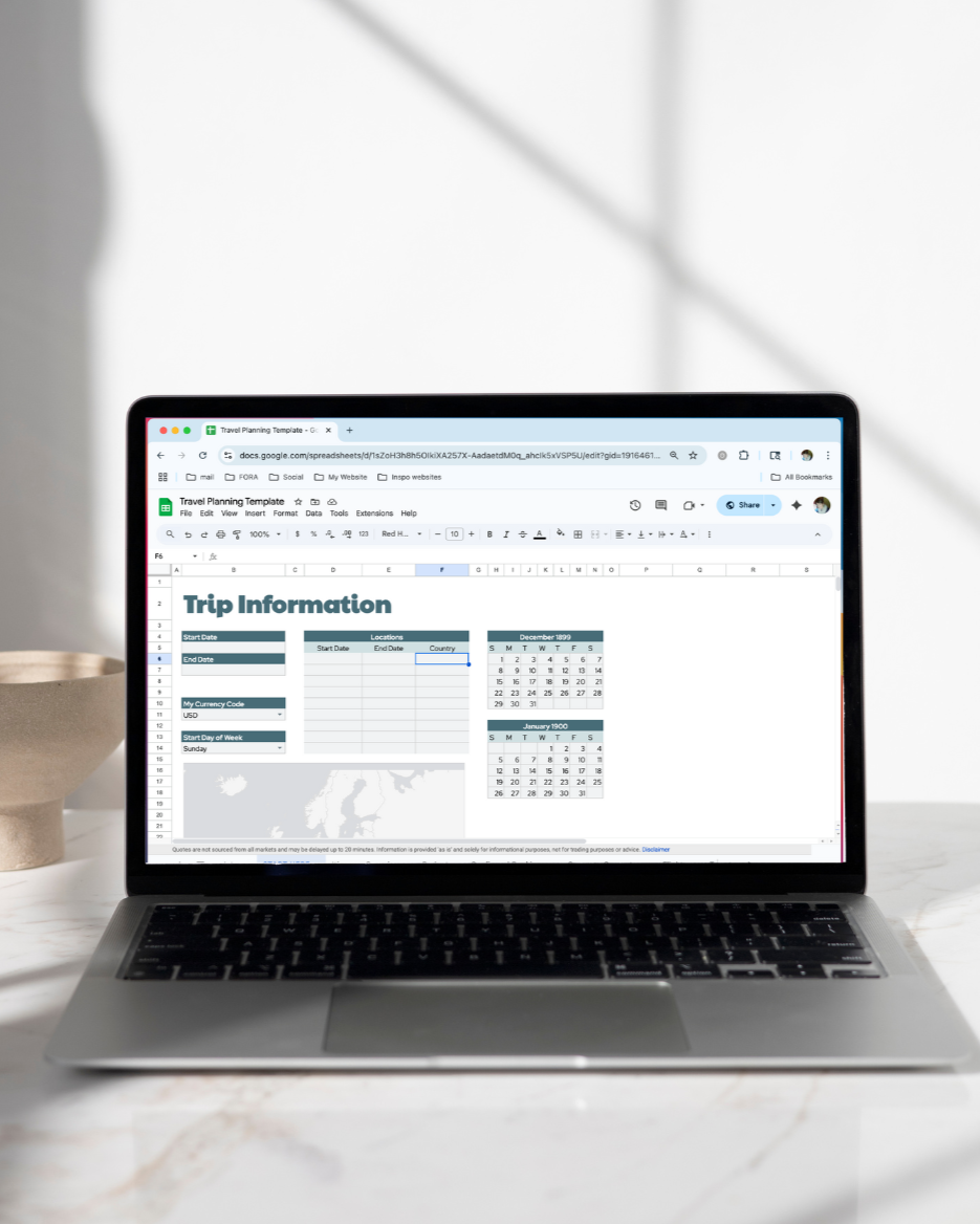 Open laptop displaying a Google Sheets travel planning template, with travel dates, locations, and calendars visible.