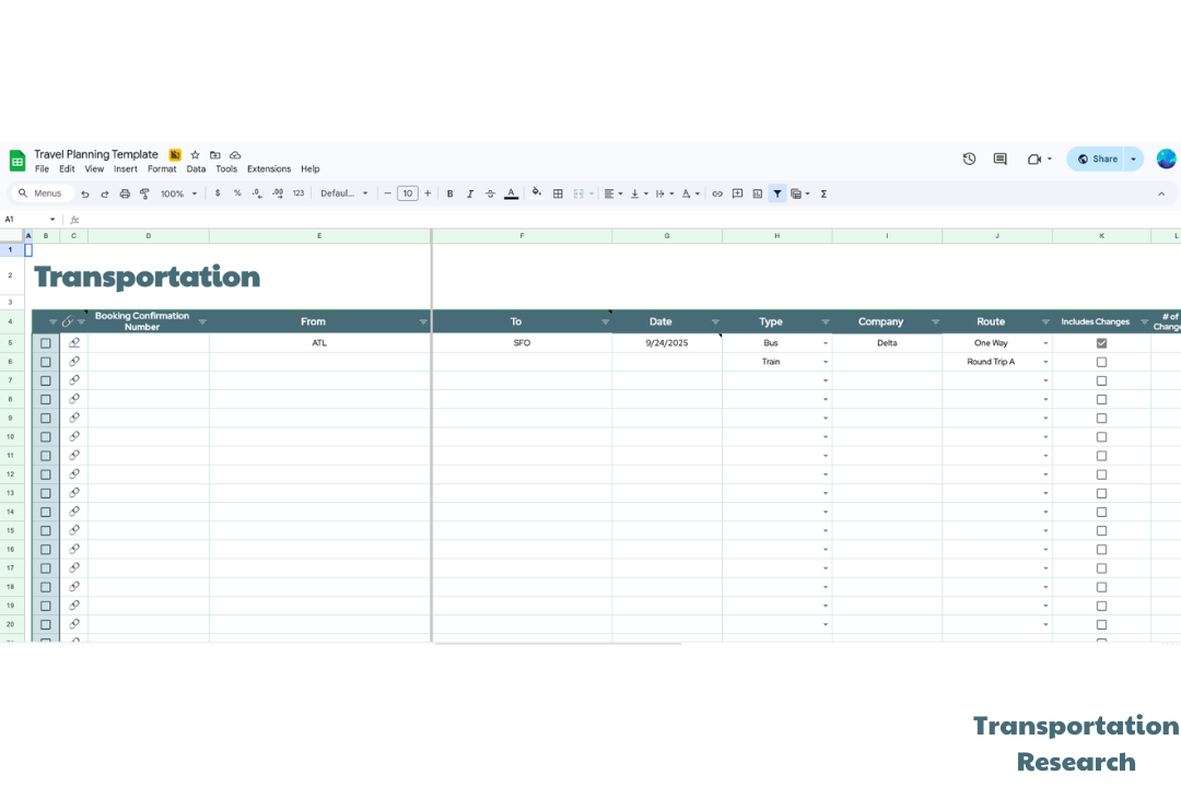 travel planning google sheet transportation research tab