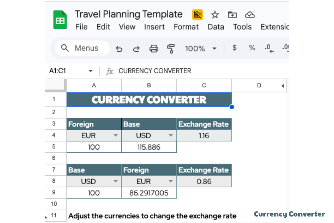travel planner google sheet - currency converter