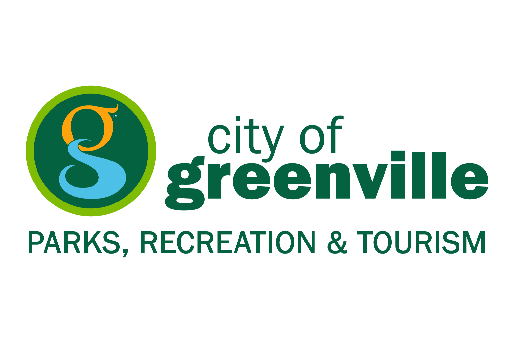 Logo of the city of Greenville Parks, Recreation & Tourism, featuring a green circle with an orange and blue stylized 'G' and green text.