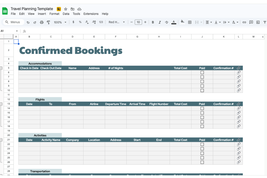 travel planner google sheet - confirmed booking tab