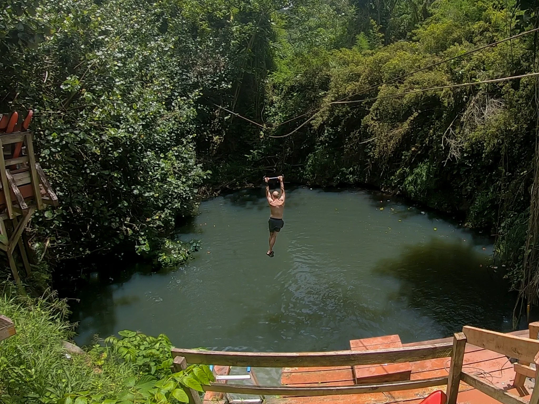 author's husband on water zip during Kipu Safari with outfitters kauai