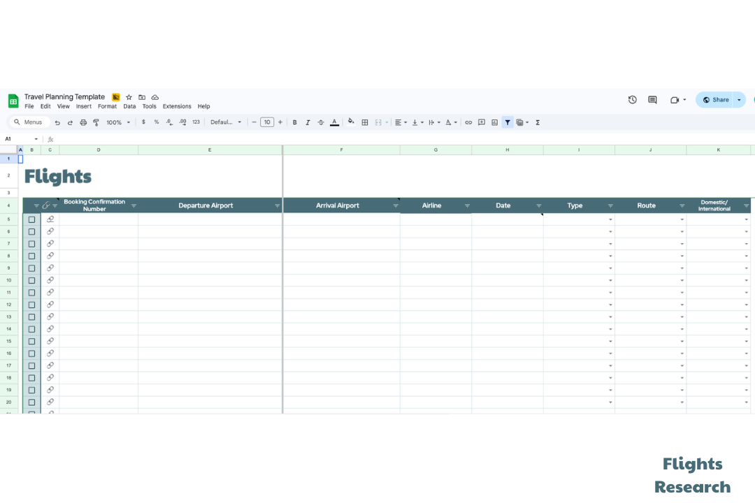 travel planning google sheet - flights research tab