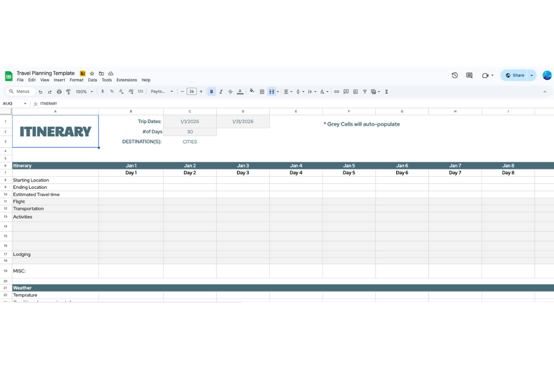 travel planner google sheet preview - itinerary screen