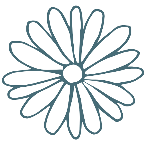 Line drawing of a daisy flower with multiple petals and a circular center.