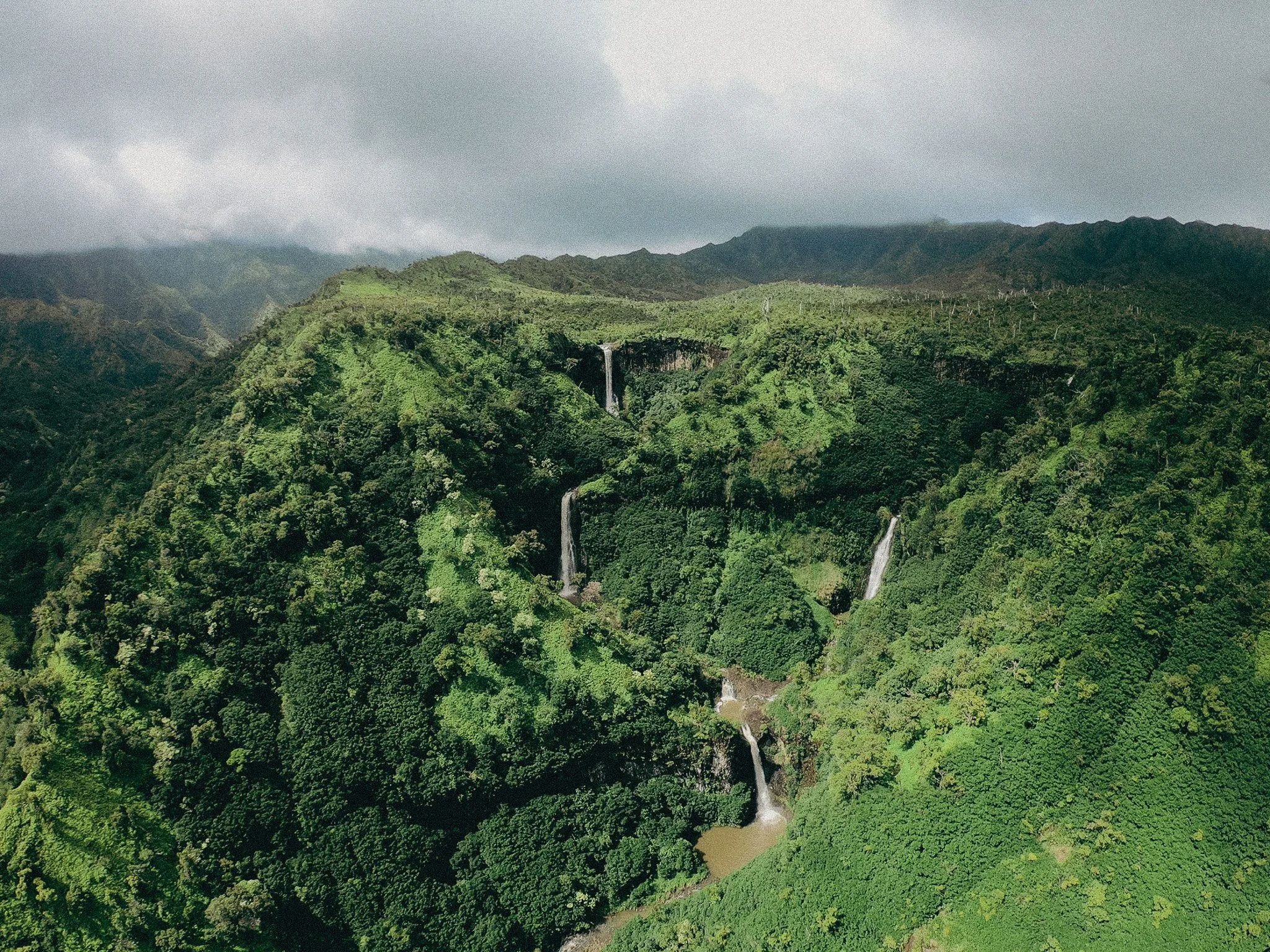 Kauai waterfalls as viewed from a helicopter tour