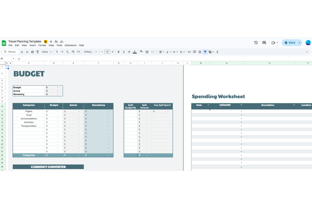 travel planner google sheet - budget screen