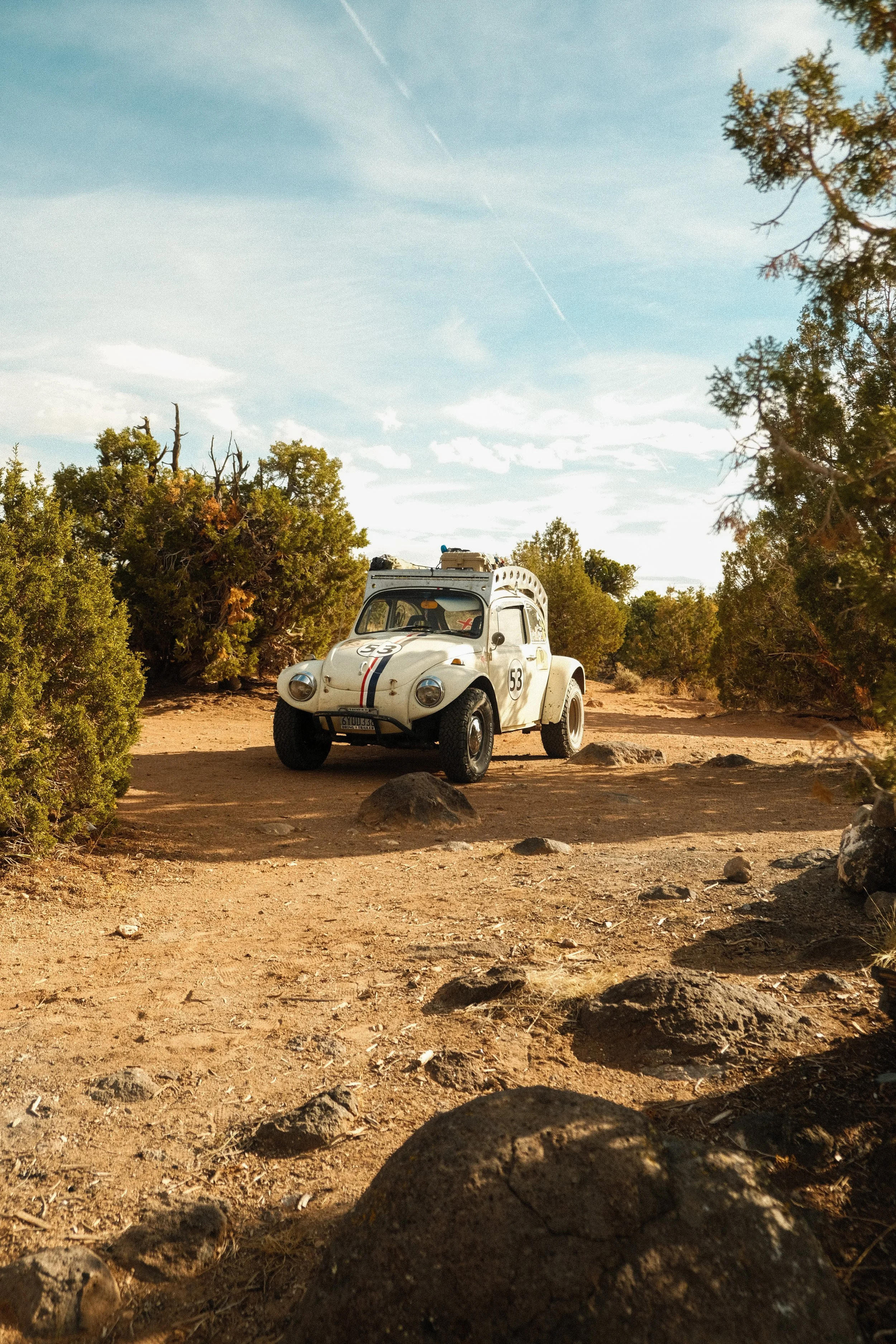 A vintage white car with racing stripes and the number 53 on the hood is parked on a dirt trail surrounded by bushes and rocks, under a partly cloudy sky.