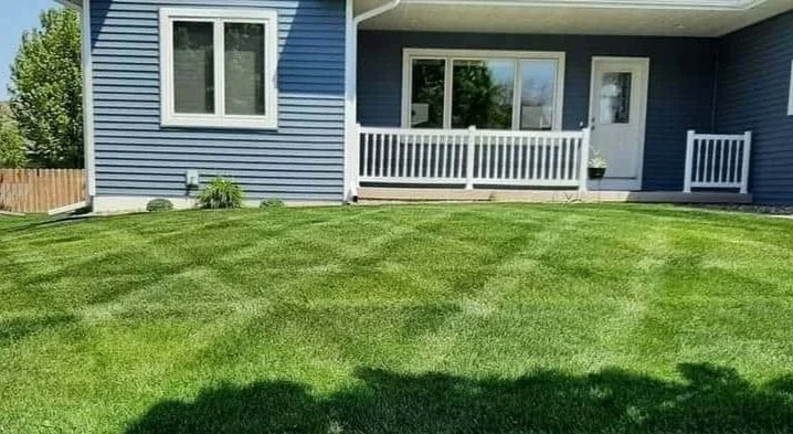 Backyard with a well-maintained green lawn and a blue house featuring white trim, large windows, a porch with a white railing, and a door.
