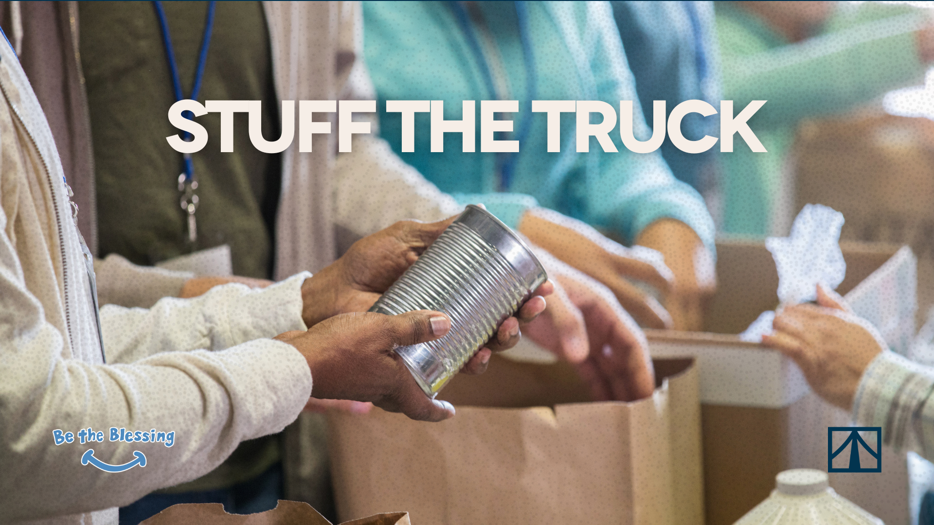 People collecting canned goods and household items for donation at a food drive or charity event.
