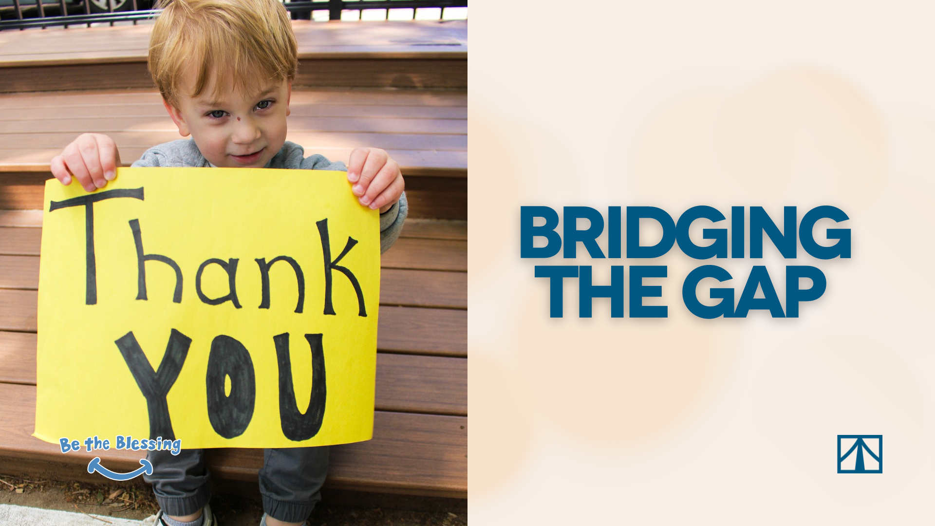 A young boy with blond hair holding a yellow sign that says 'Thank You' in large black letters, sitting on wooden outdoor steps.