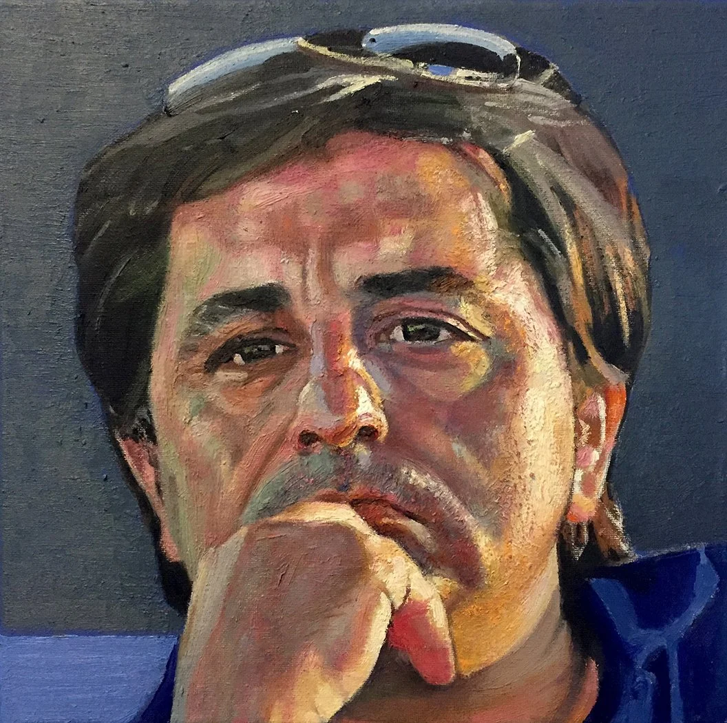 A painted portrait of a man with dark hair, wearing glasses on his head, resting his chin on his hand, with a contemplative expression, in an artistically rendered style.
