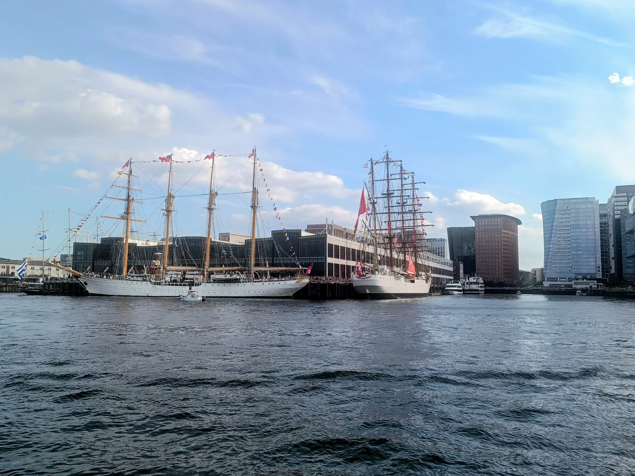 Esmerelda and BAP Union tall ships at the WTC pier taken from the Pier 10 Harbor ferry on July 13. -Chris K.